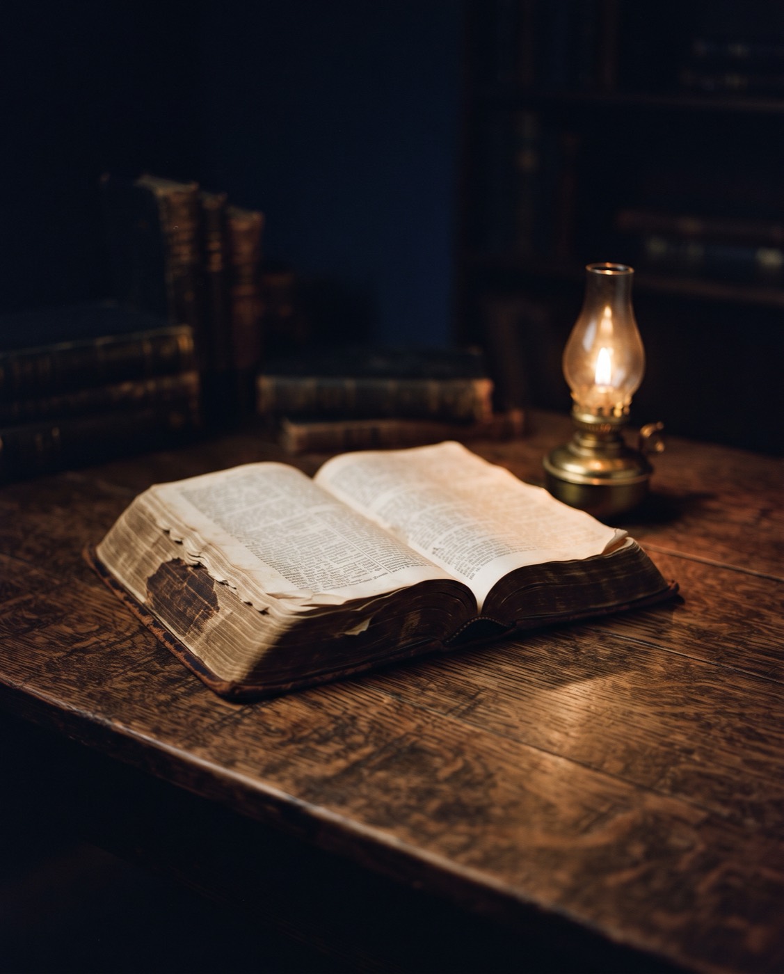 An open Bible beside an oil lamp